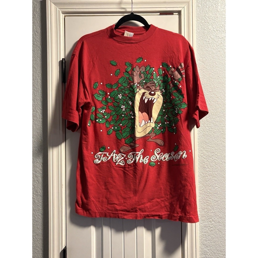 Vintage 1994 Taz The Season Looney Tunes Christmas Shirt Red Sun Sportswear XL